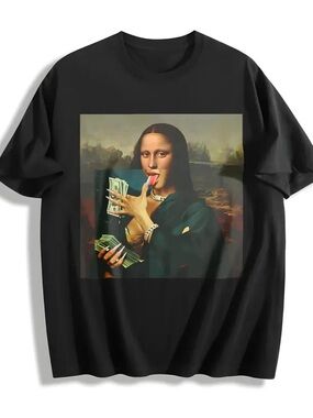 Mona Lisa counting stacks money graphic black Tshirt men’s size large